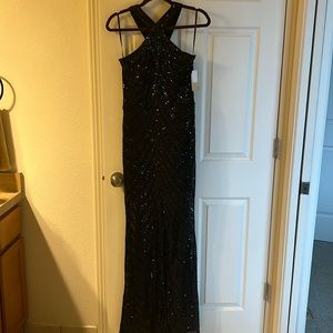 Black Sequin halter floor length dress with slit Large
